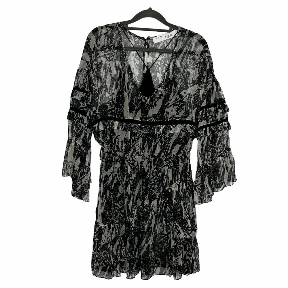 IRO Clash White Black Ruffle Sleeve Chiffon Mini Dress Size 34 US XS 2